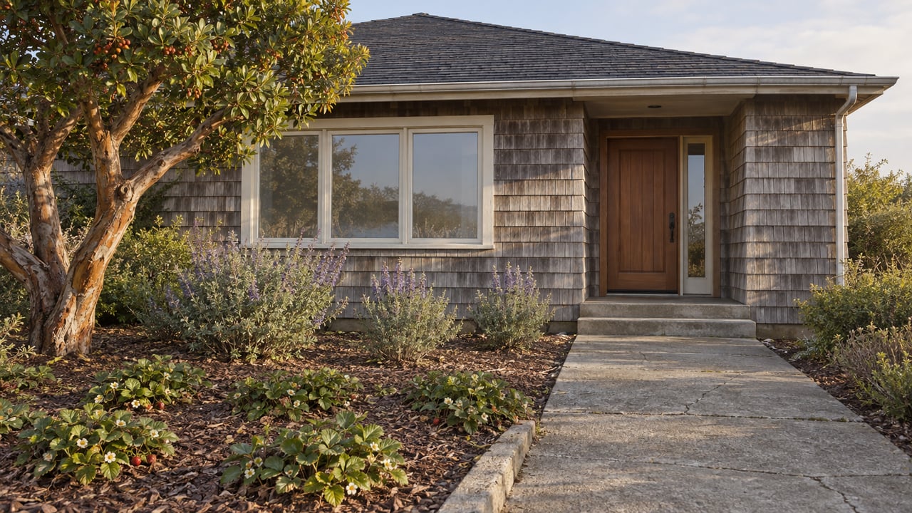 Salt-weathered cedar-shingle home with a sheltered timber entry, concrete garden approach and sculptural strawberry tree in hazy afternoon light.