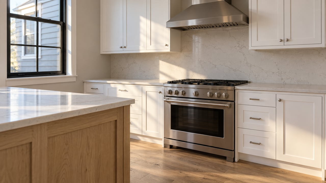 Compact kitchen with white shaker cabinets, stainless range, pale quartz counters, and morning light through a black-framed window.