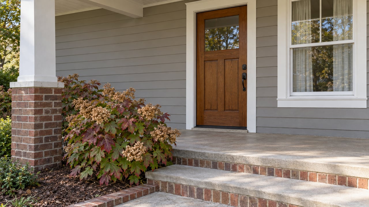Covered front porch with gray lap siding, an oak entry door, brick-edged concrete steps and autumn oakleaf hydrangeas.