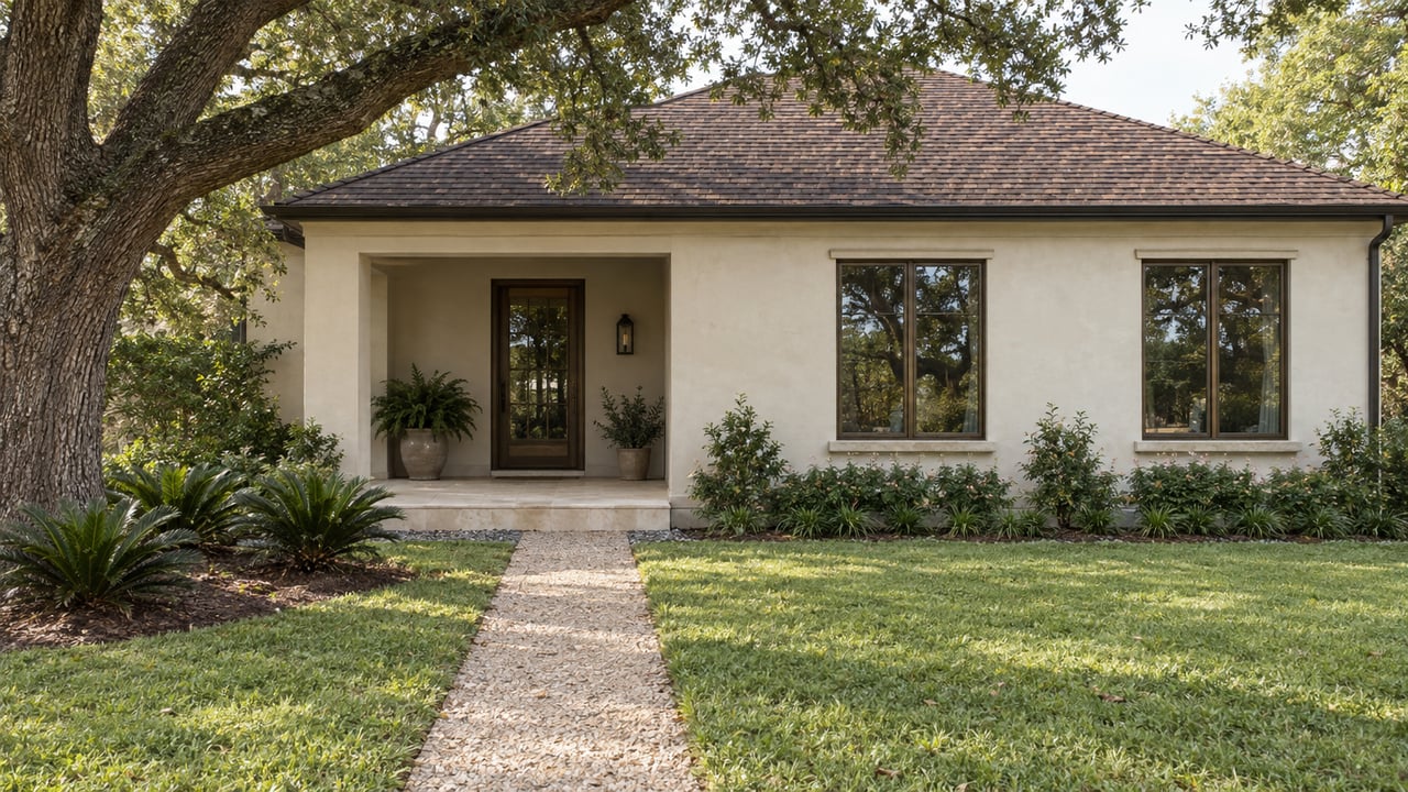 Stucco house with bronze-framed windows behind a lawn, shell-aggregate path, and spreading oak.