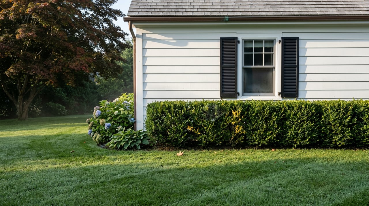 Dew-covered lawn and clipped boxwood hedge beside a white clapboard house with black shutters.
