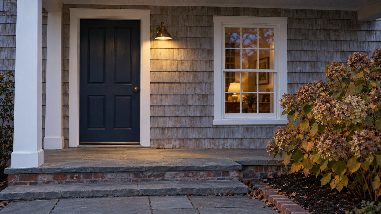 Blue-gray shingled porch with a navy door, glowing brass sconce, bluestone steps, and dried hydrangea.