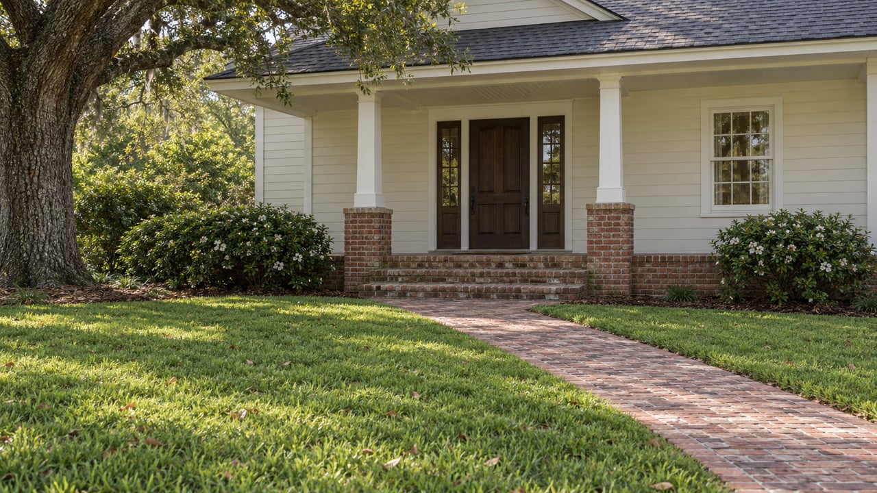 Off-white house with a dark paneled door, brick porch steps, and a long brick walk across the lawn.