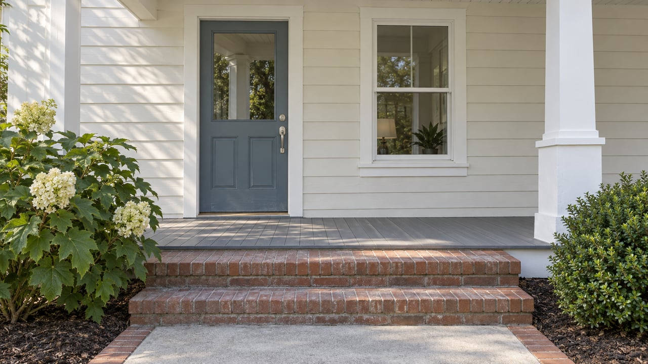 White clapboard house entrance with a blue-gray door, brick steps, and flowering shrubs.
