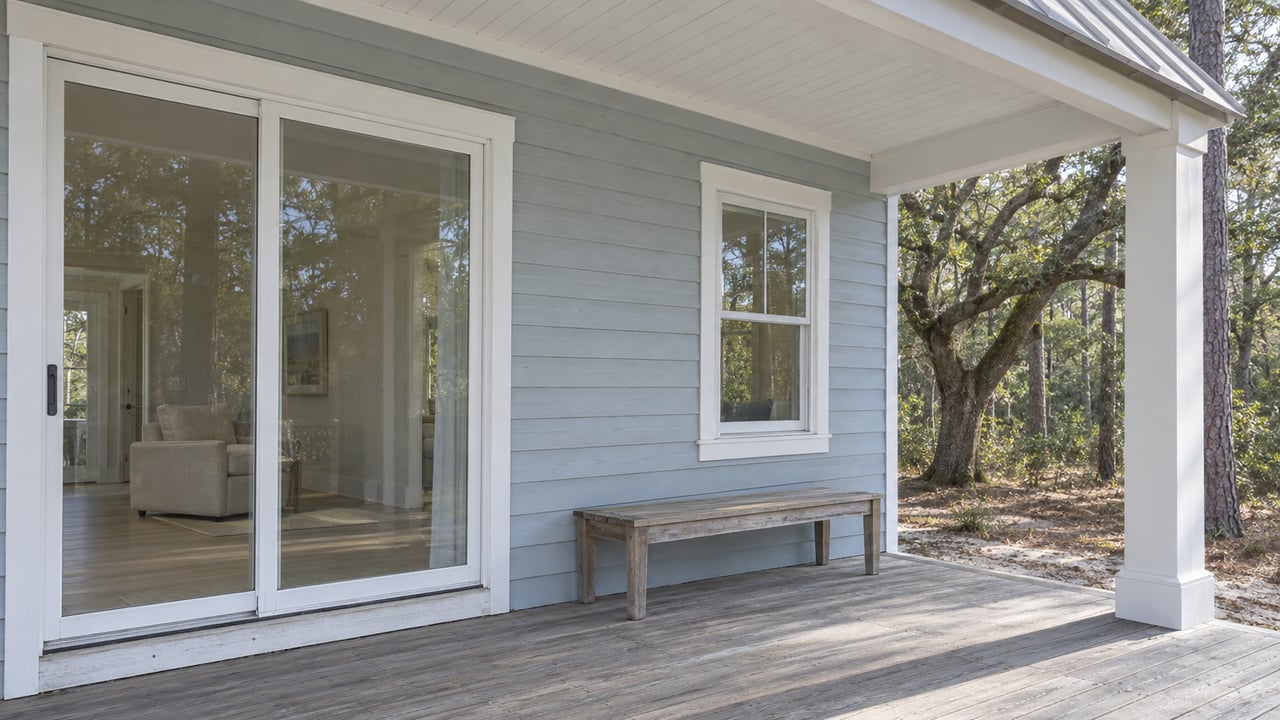 Weathered timber porch beside a pale blue-gray home, with closed glass doors, a teak bench and a narrow view of oak and pine trees.