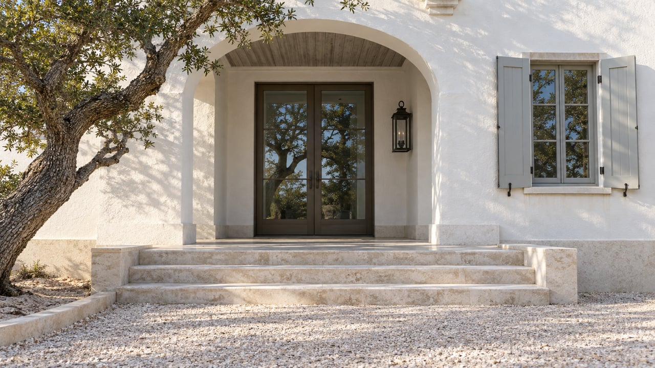 Sunlit white masonry entry with an arched porch, bronze-framed glass doors, limestone steps and a sculptural oak.