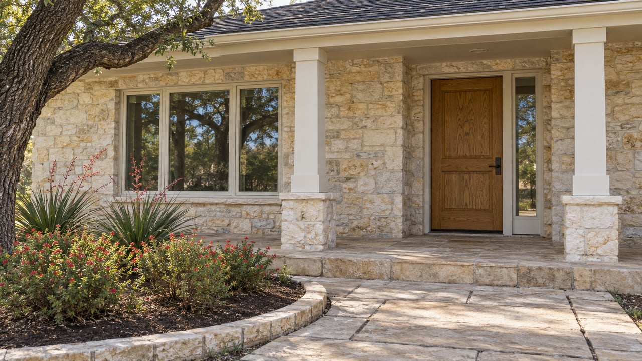 A limestone home's recessed wooden entry and shaded porch, with a stone approach and established flowering planting beneath a twisting oak limb.