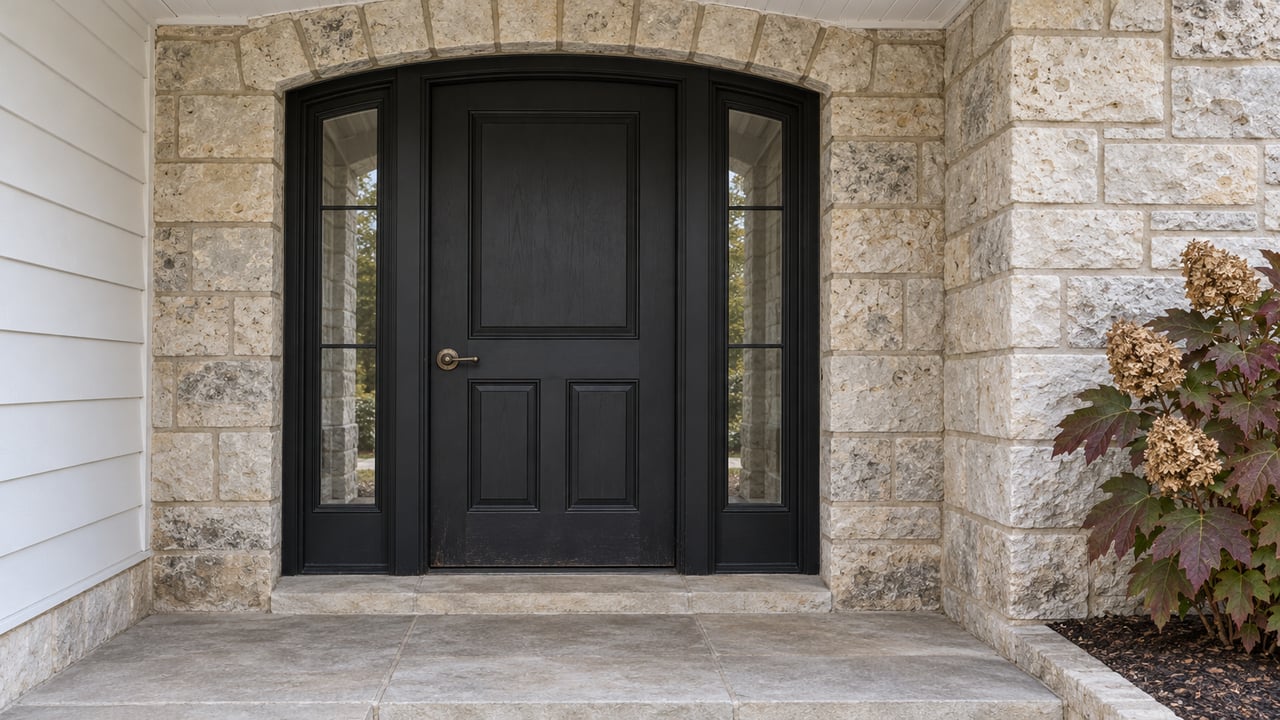 A black front door with paired glazed sidelights sits beneath a limestone arch beside white siding and an autumn oakleaf hydrangea.