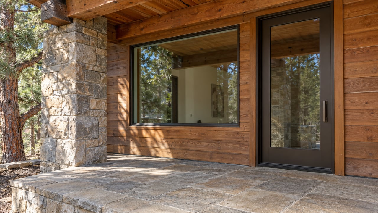 Covered home entry with cedar siding, a sandstone pier, dark bronze glazing and a broad stone landing.