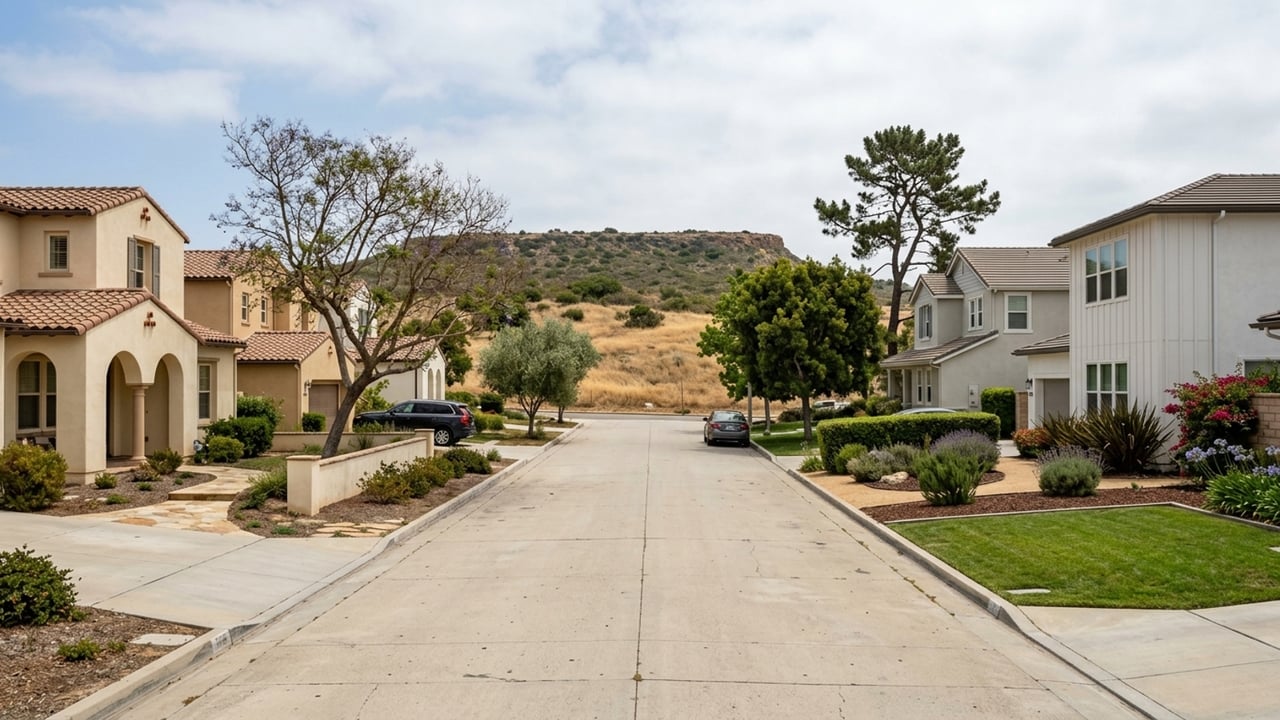 Residential street with stucco homes, landscaped yards, and dry hills in the distance.