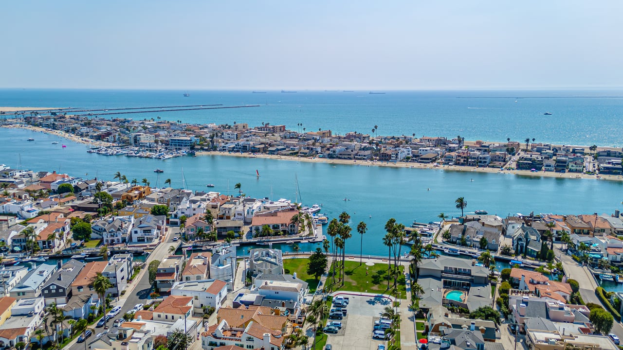 Aerial of The Pennisula Long Beach Ca with Ocean and Bay View