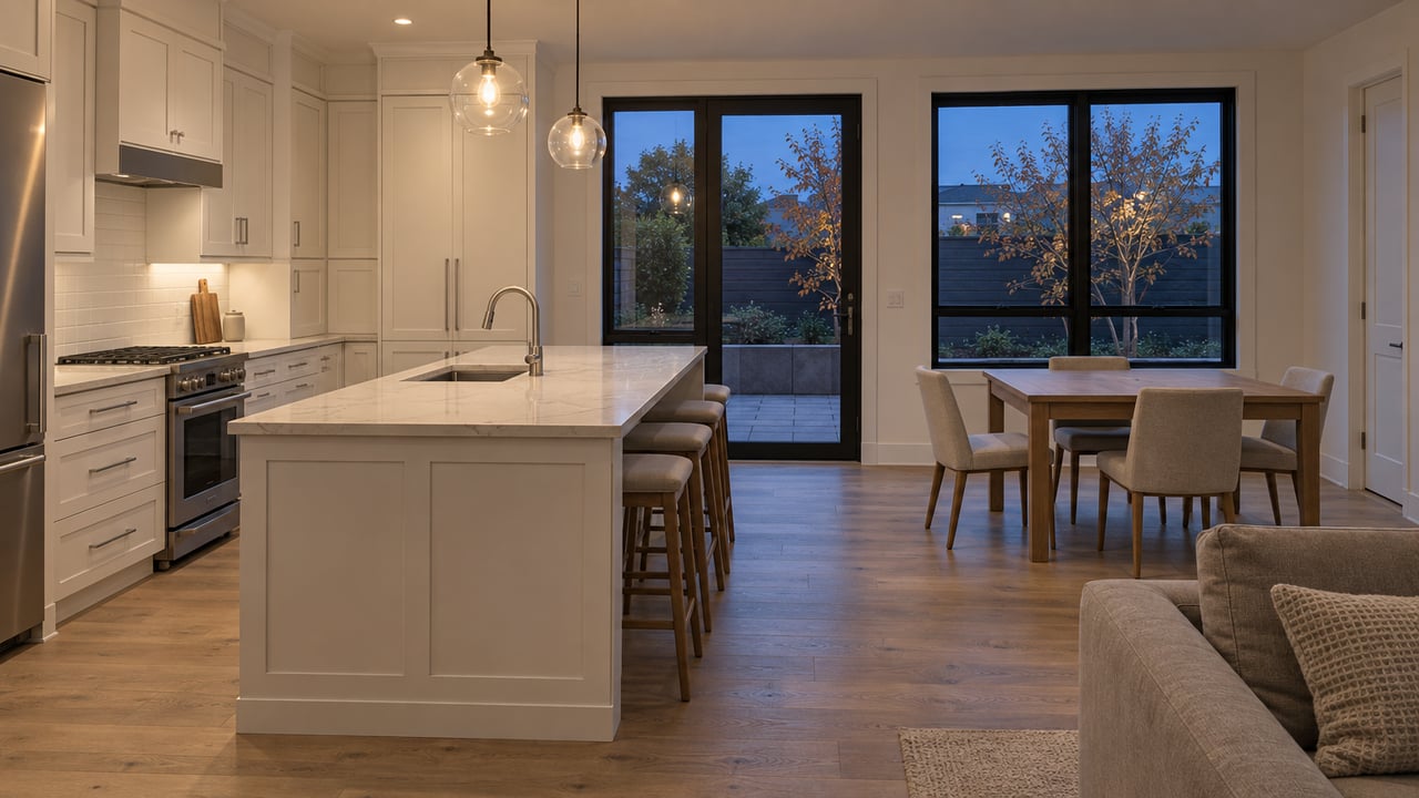 Townhouse kitchen and dining area with a pale quartz island, oak table, and closed rear windows overlooking a terrace.