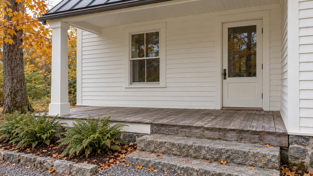 White clapboard house porch with weathered timber floorboards, granite steps and amber maple leaves.
