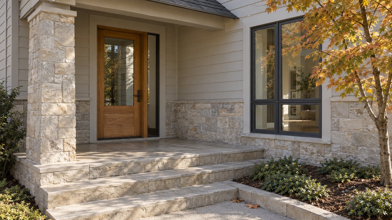 Sunlit limestone steps lead to a recessed oak-and-glass entrance beside a gold-leaved maple.