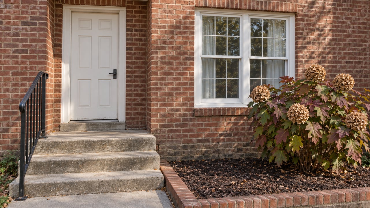 Sunlit red-brick home entry with an off-white door, divided-light window, worn concrete steps, and an oakleaf hydrangea with autumn leaves.