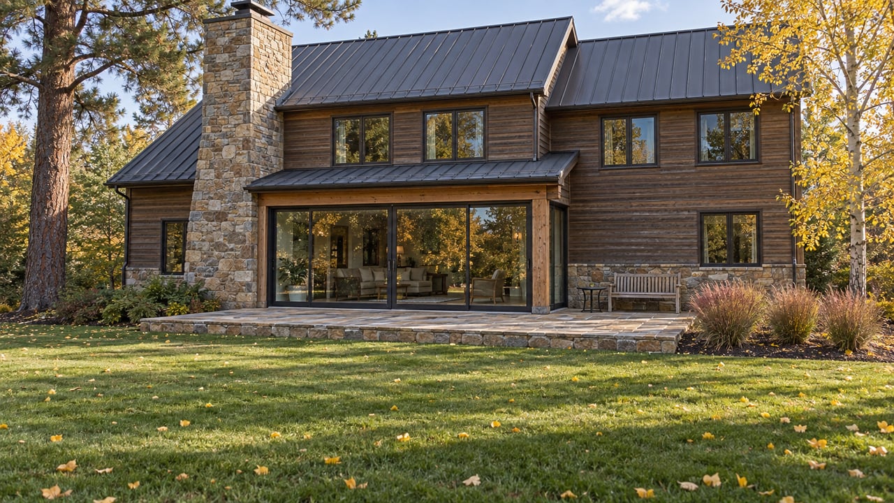 Cedar-and-sandstone home overlooking a broad autumn lawn and stone terrace, framed by a mature pine and a yellow-leaved cottonwood.