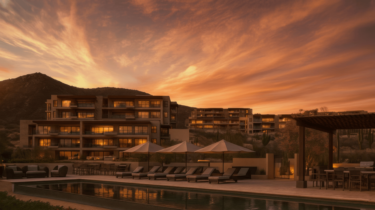 Alvar ocean-view residences and pool terrace at sunset in Quivira Los Cabos