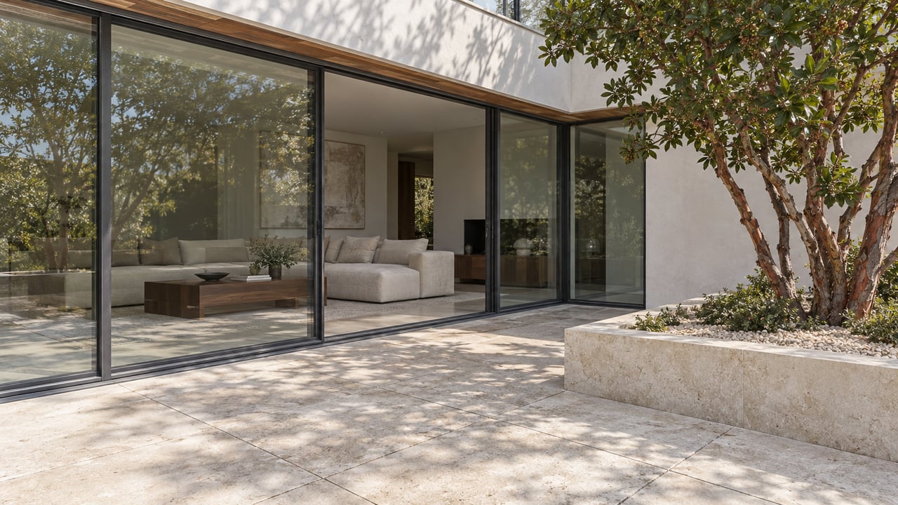 Pale limestone terrace beside a white plaster home with charcoal-framed glass, cedar soffit and a sculptural strawberry tree in a raised stone bed.