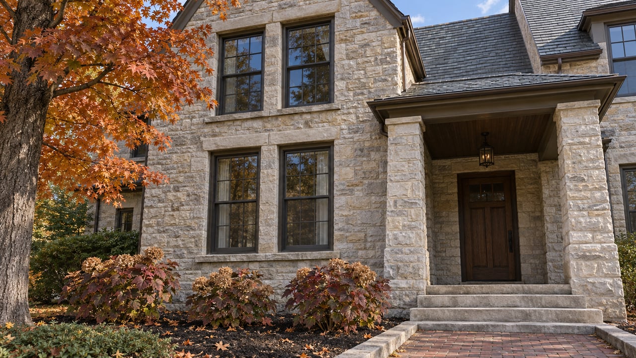 Autumn sunlight on a limestone home's gabled window bay and recessed oak entrance, with copper maple foliage and burgundy oakleaf hydrangeas.
