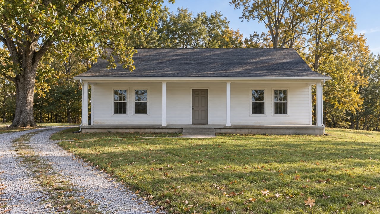 White single-story home with a covered porch, gravel approach, broad lawn, and mature oak and hickory trees in morning light.