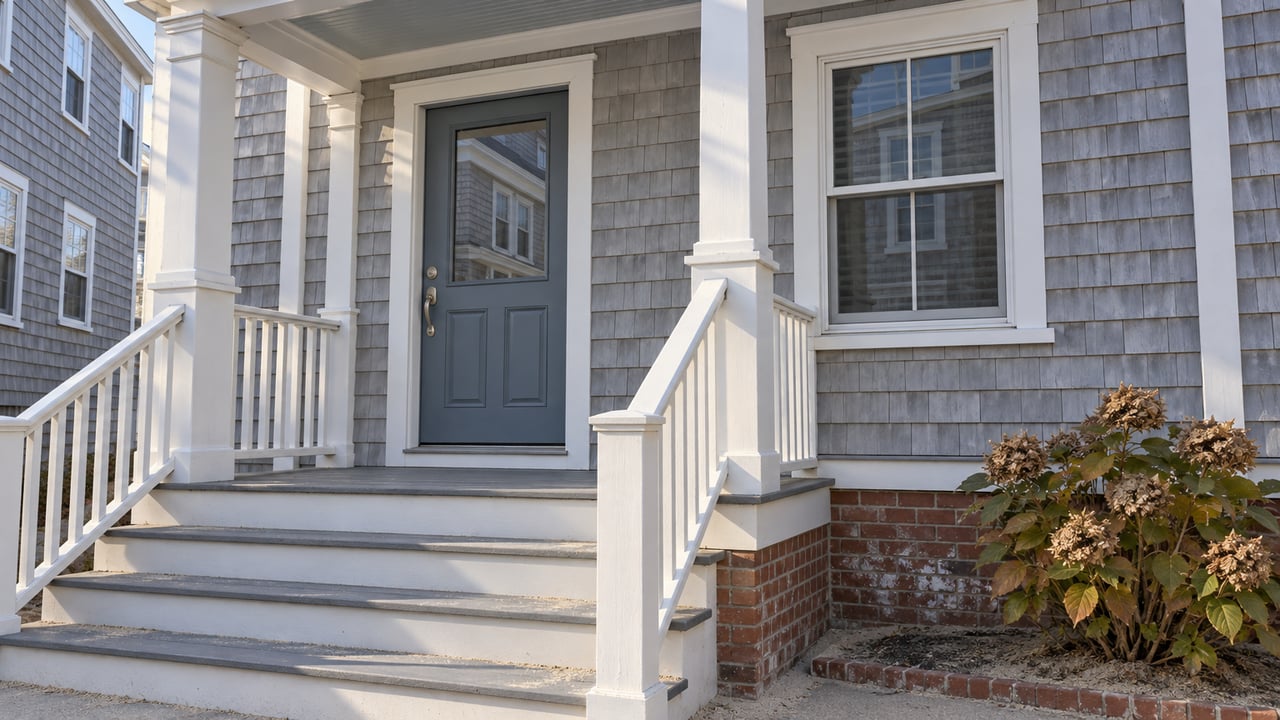 Raised pale-gray shingle home with a blue glazed door, white porch columns, weathered steps and a bronze-leaved hydrangea.
