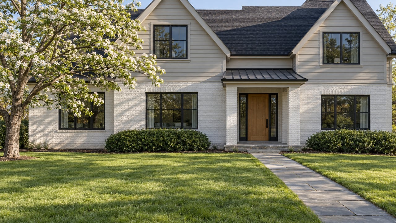 Detached two-story house with warm white brick, putty siding, and a bluestone walk across a broad lawn.