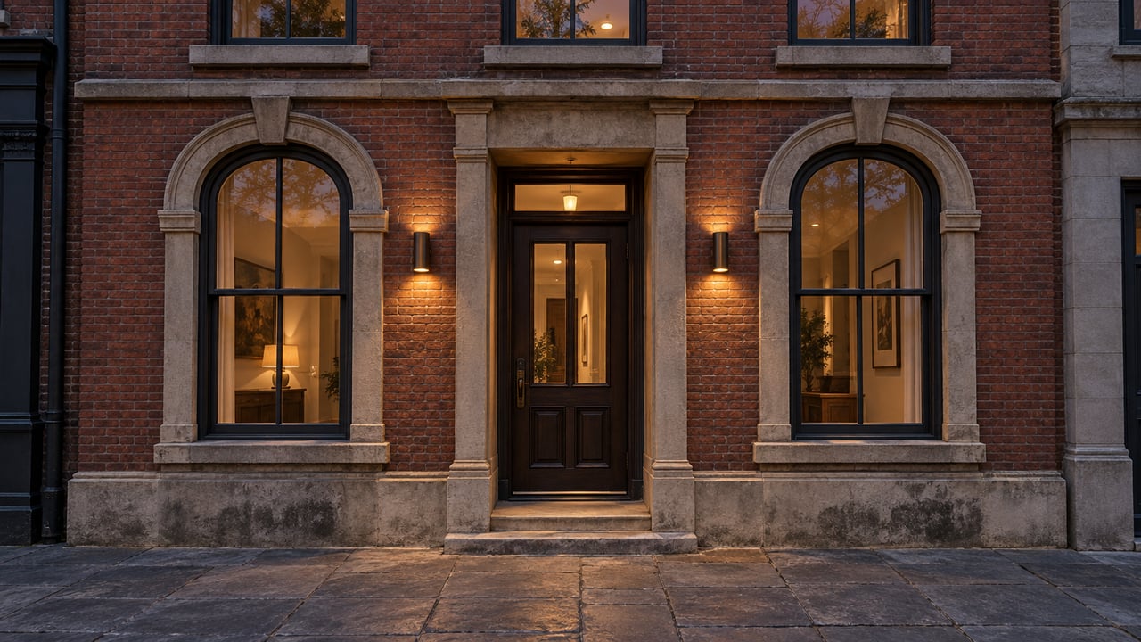 Red-brick townhouse with a recessed glazed entrance, arched windows, and two glowing bronze sconces at dusk.