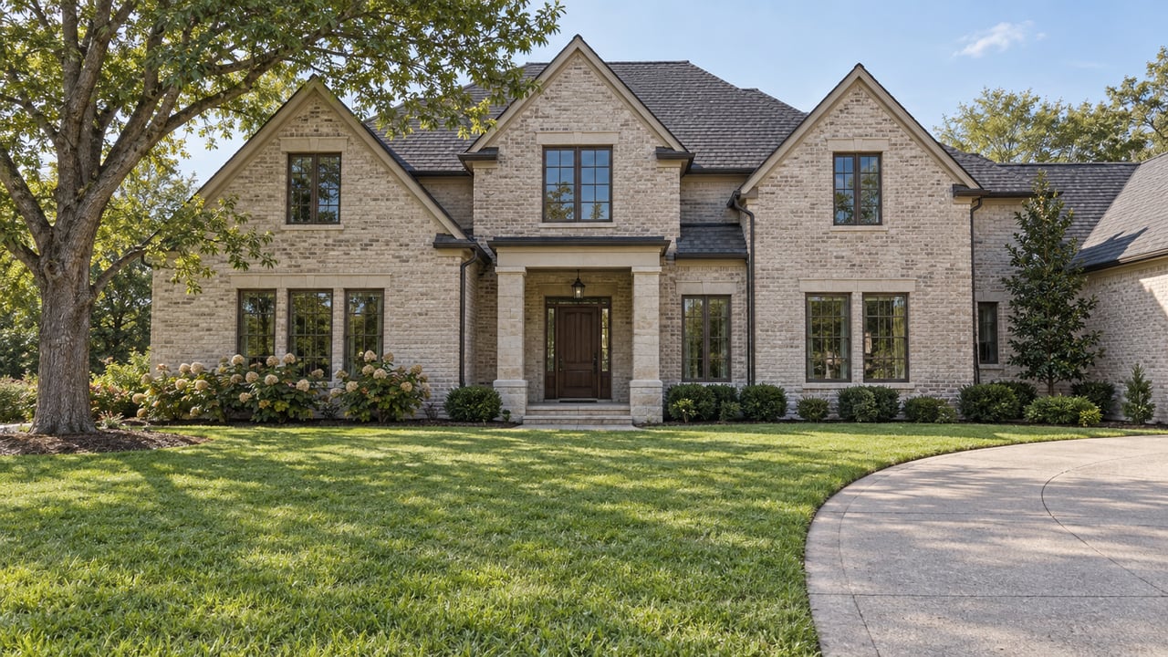 Pale-brick two-story home with dark gabled roofs, a broad green lawn, mature oak, and curved concrete driveway.