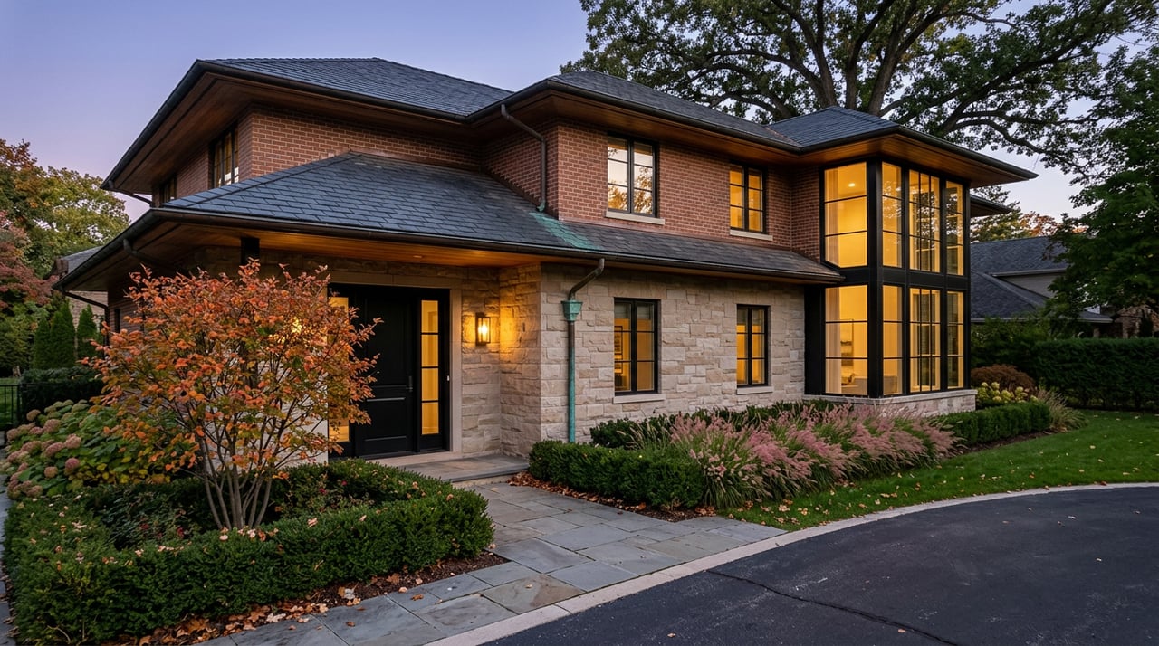 Two-story brick-and-limestone house with a warmly lit glass wing, serviceberry foliage, and a mature oak at dusk.