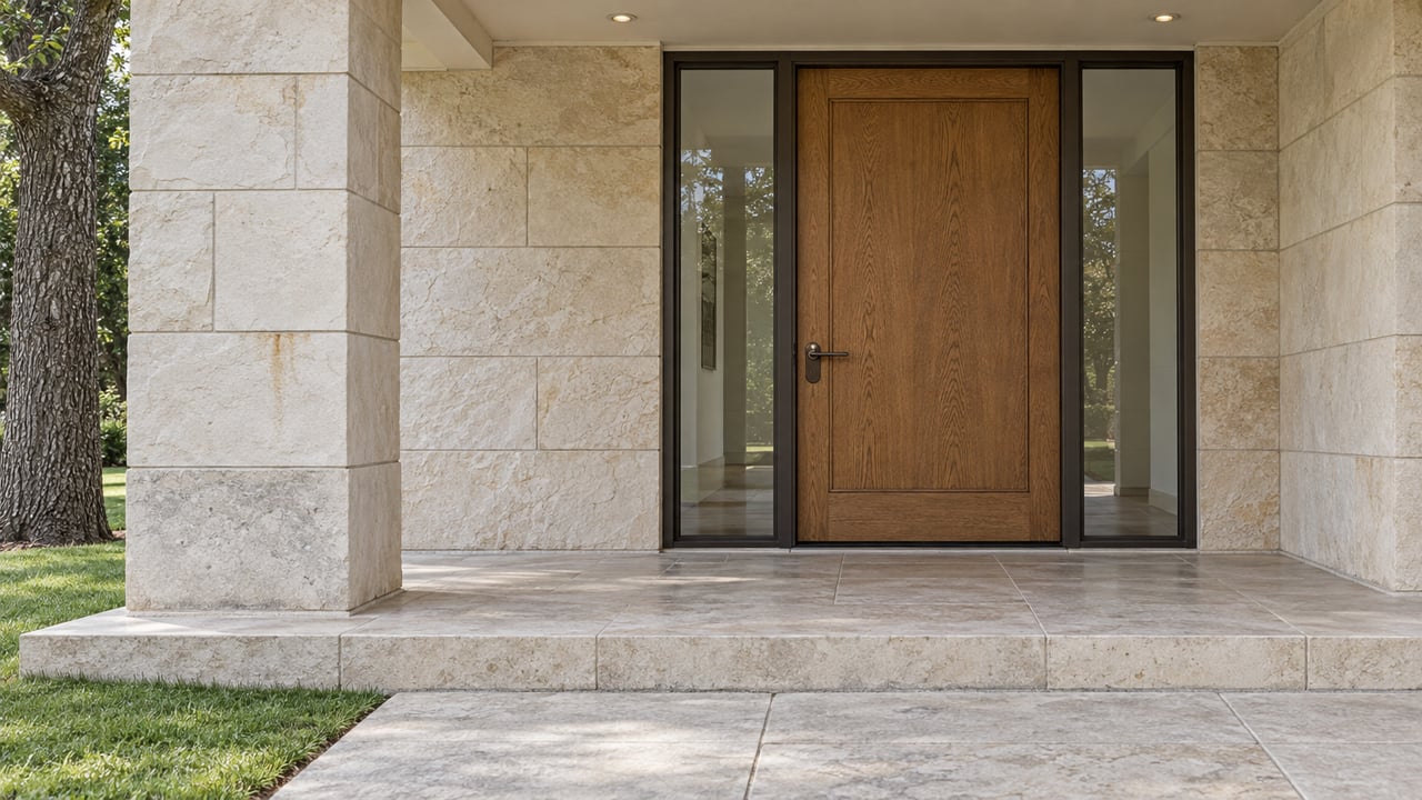 Covered limestone home entrance with an oak door, paired glass sidelights, and a broad stone approach beside a mature oak.