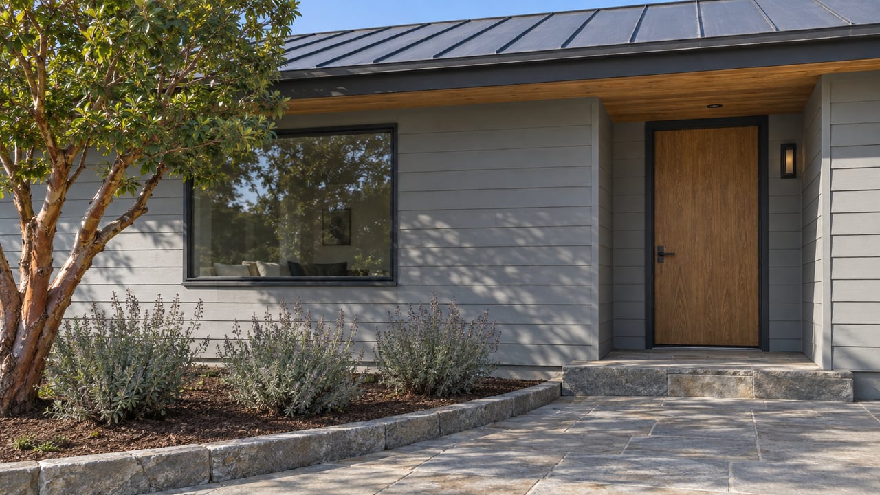 Gray-sided home with a broad wood-lined eave, glazed picture window, oak entry door and curved stone approach beside a strawberry tree.