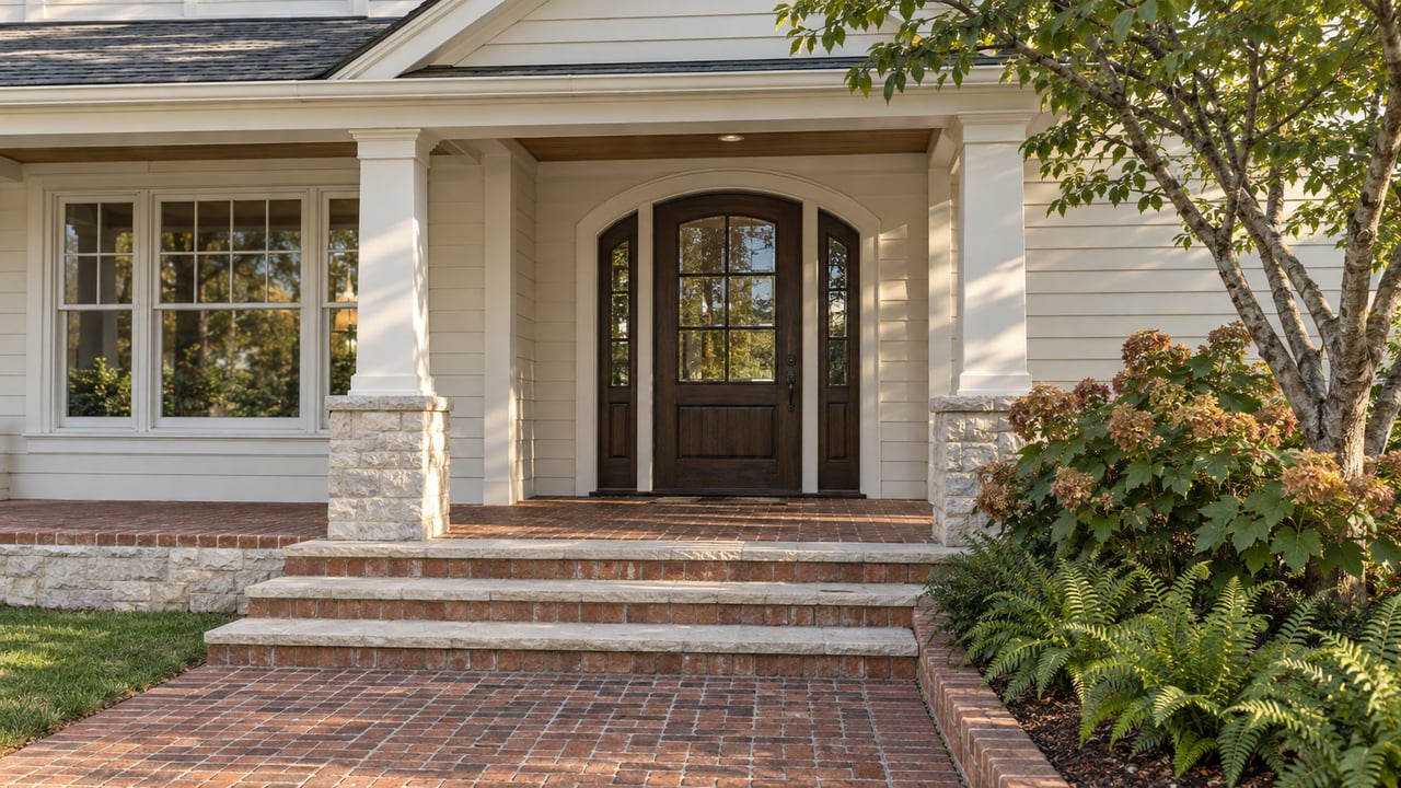 Sunlit brick approach and limestone steps leading to a white-sided home's covered porch, with an arched oak entry and oakleaf hydrangeas.