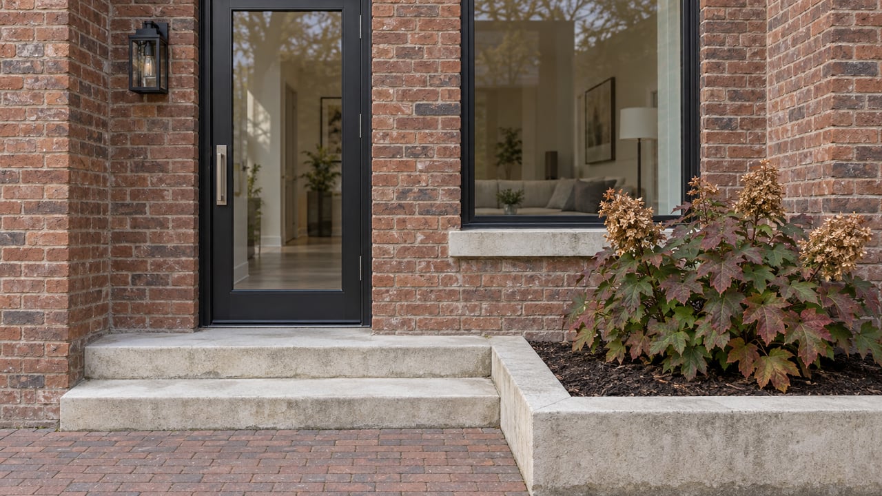 Renovated brick apartment entrance with black-framed glass, limestone steps and an oakleaf hydrangea in a raised stone bed.