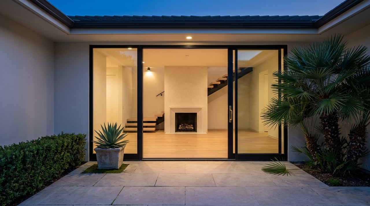 Open glass doorway frames a great room with a plaster fireplace and floating staircase at blue hour.