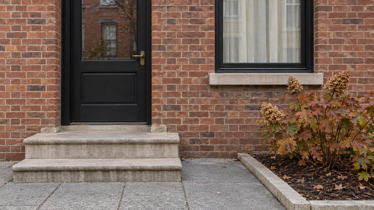 A brick residential entrance with a black glazed door, limestone steps, and autumn oakleaf hydrangea beside a paved setback.