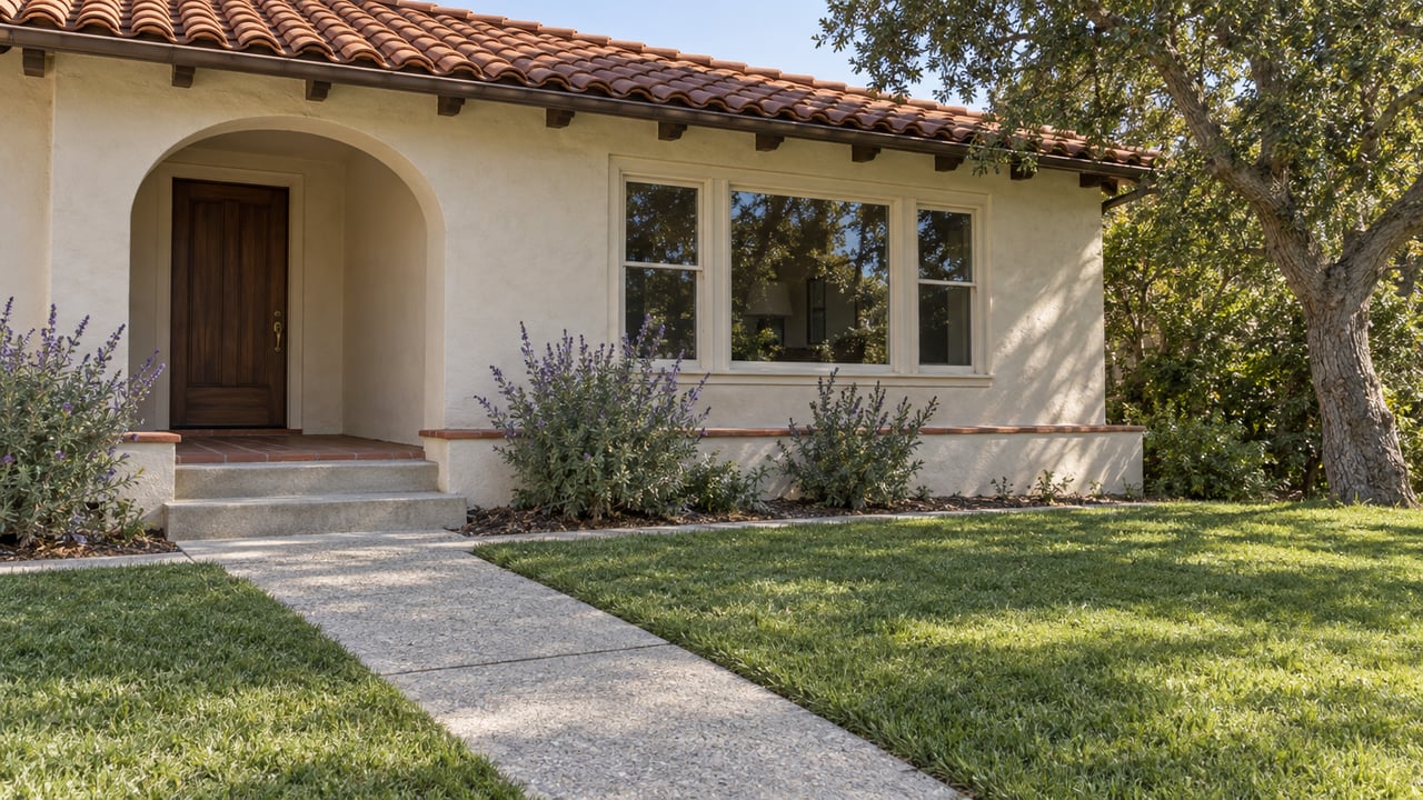 Cream stucco bungalow with a terracotta roof, recessed arched porch and deep lawn beneath a mature oak.