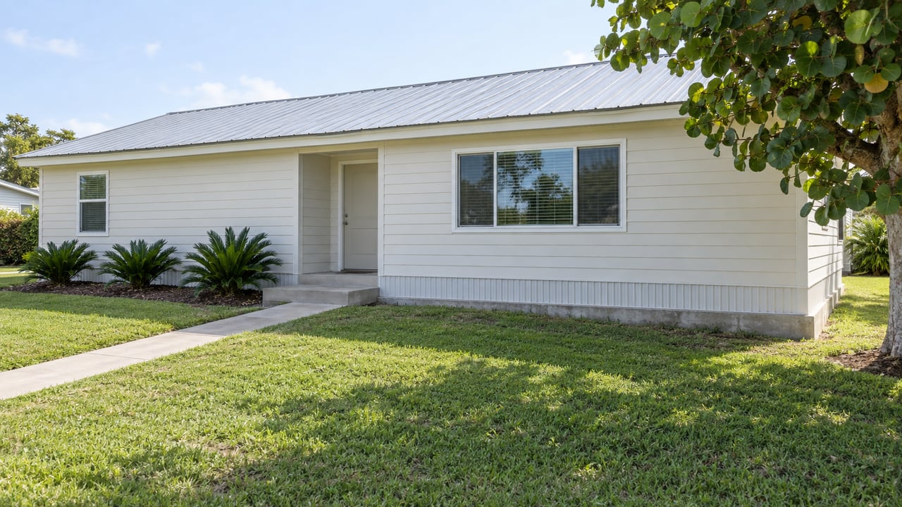 Off-white double-wide manufactured home with a metal roof, concrete walkway, and broad lawn.