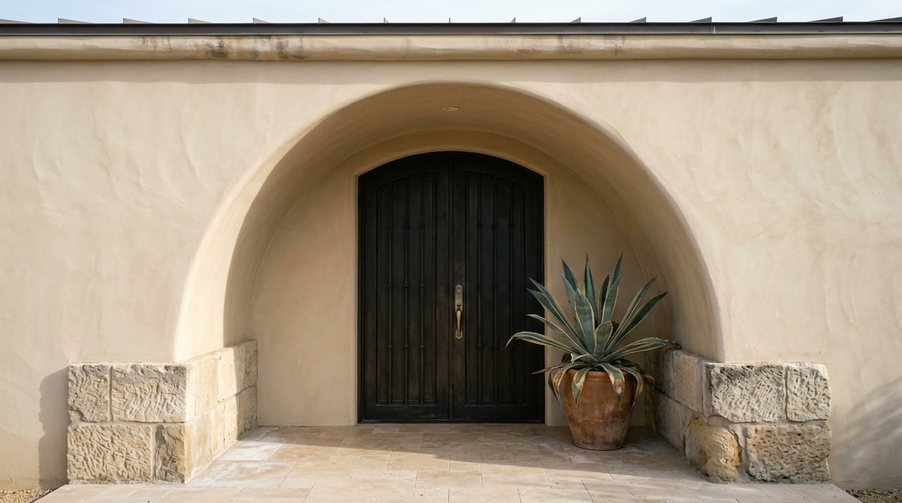 Stucco entry arch with dark iron double doors, limestone blocks, and a blue-gray agave in a terracotta urn.