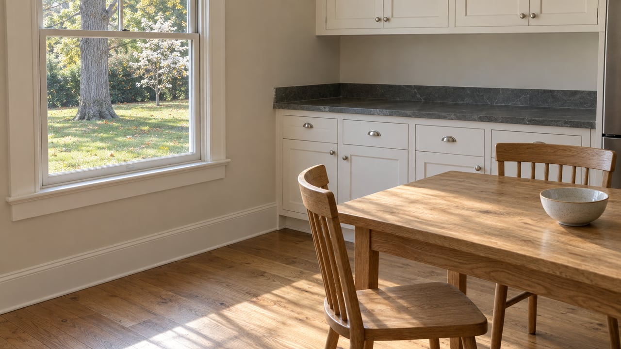 Kitchen with warm white cabinets, an oak breakfast table, and a closed window overlooking a lawn and mature tree.
