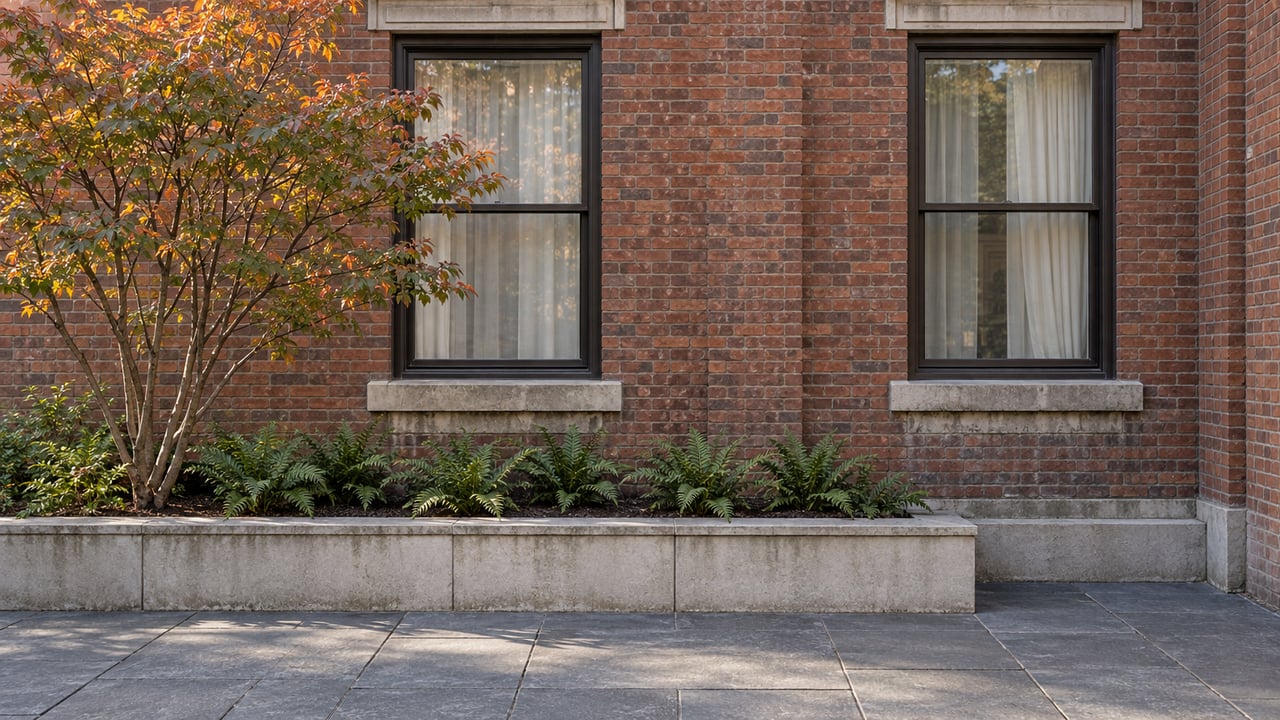 Warm brick apartment courtyard with tall bronze-framed windows, limestone detailing, and an autumn serviceberry in a raised stone planting bed.
