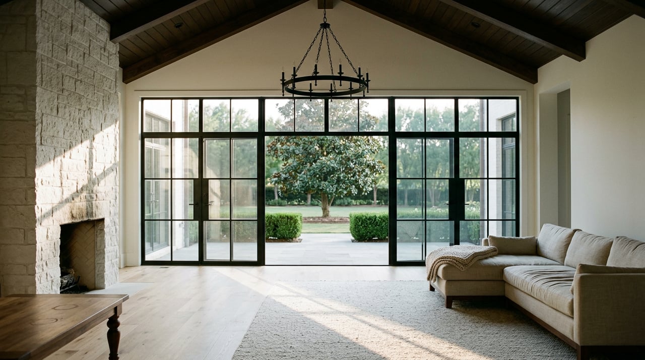Two-storey great room with a white stone fireplace, black-framed glass doors, and a magnolia beyond.