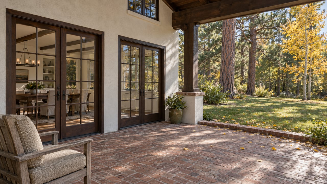 Brick terrace beneath timber beams, with glazed dining-room doors and a gold-leaved aspen beside a spacious wooded lawn.