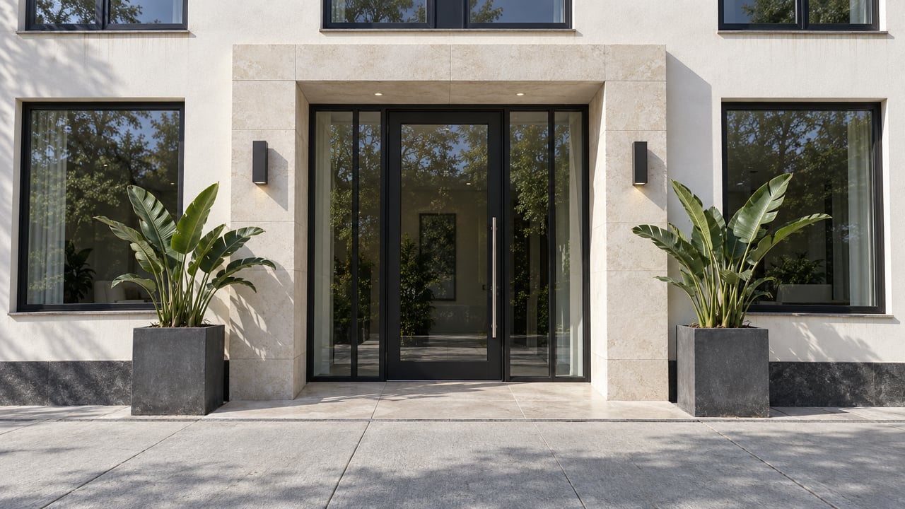 Contemporary condominium entrance with black-framed glazing, pale limestone, warm-white stucco, and two bird-of-paradise planters beside a concrete sidewalk.