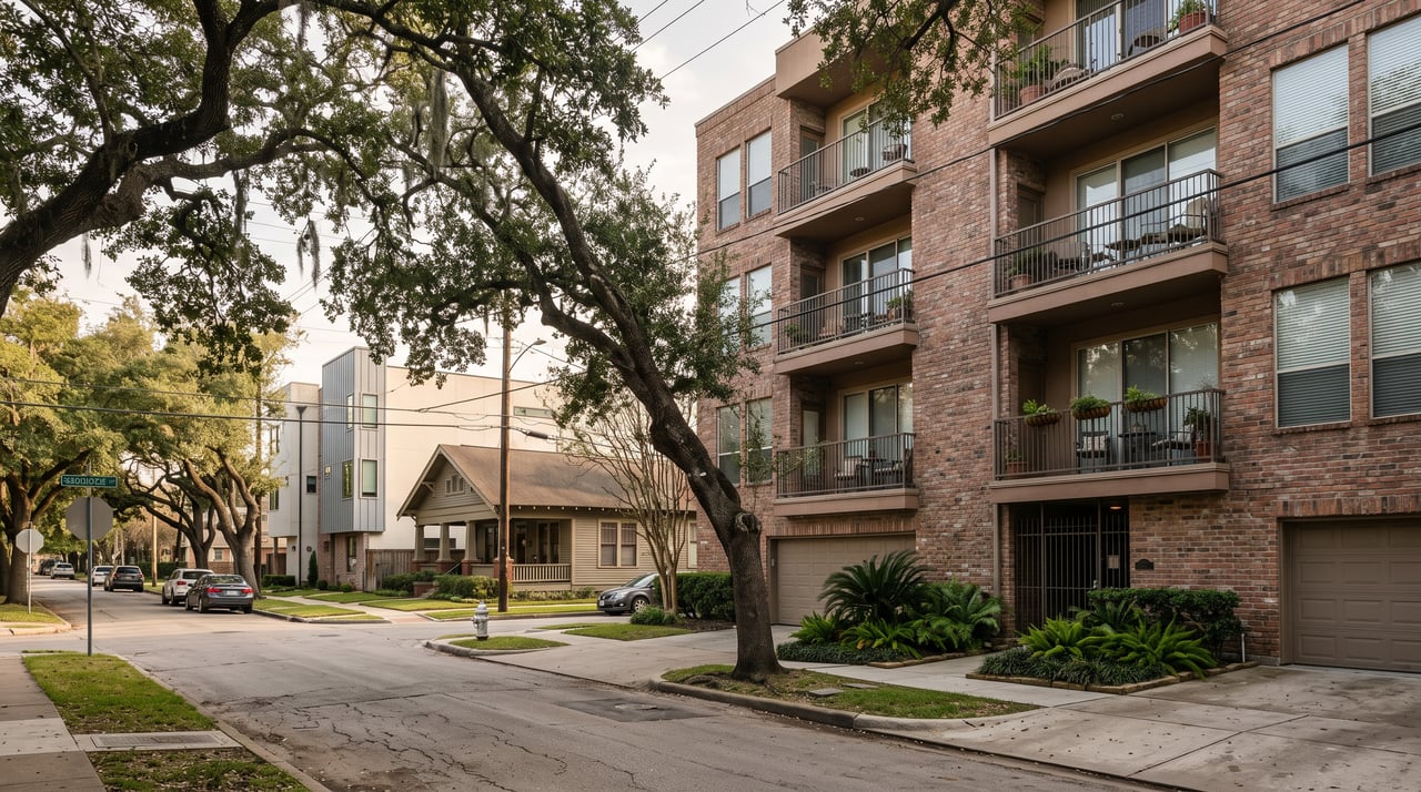 Brick apartment building with balconies and landscaping on a tree-lined residential street.