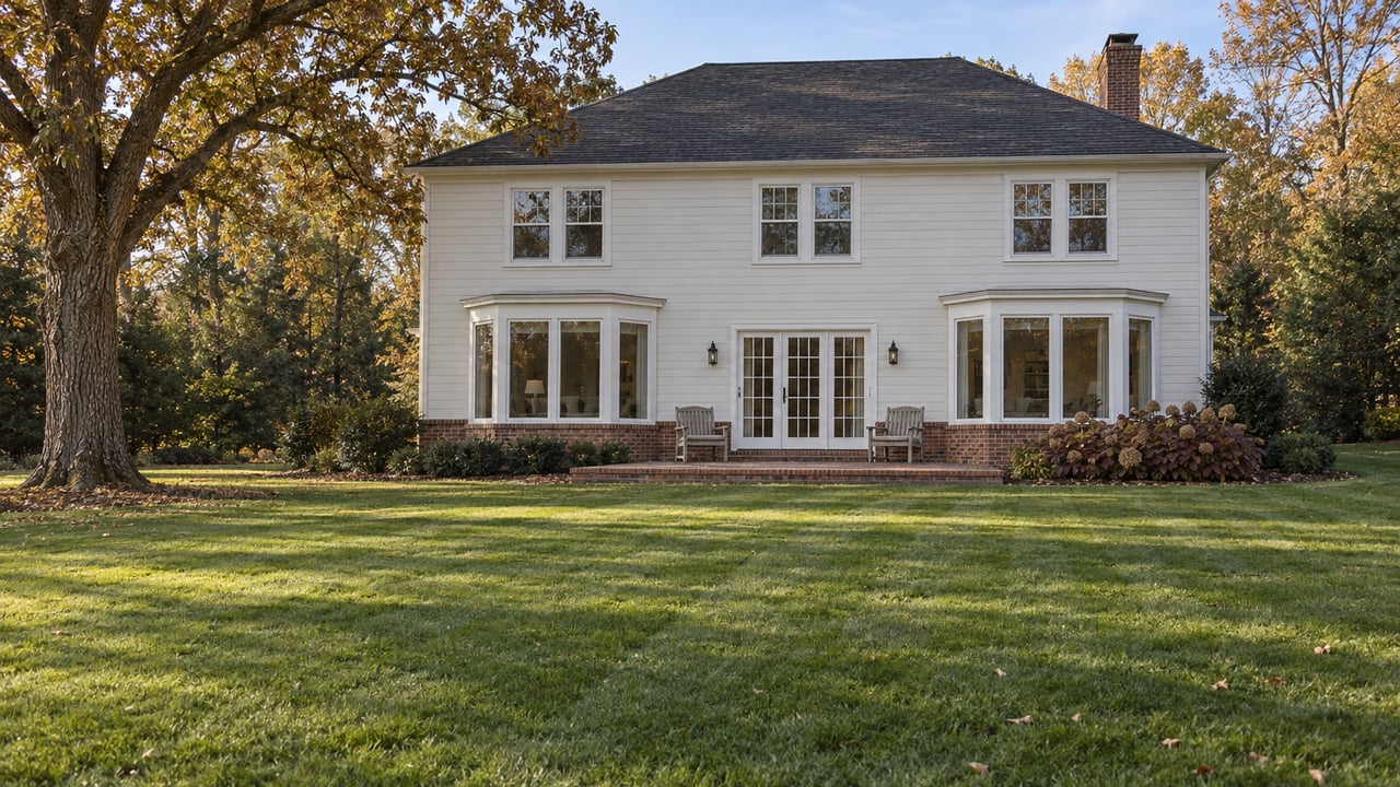 Broad rolling lawn leading to an ivory clapboard home with brick terrace, paired windows and a mature oak in autumn foliage.