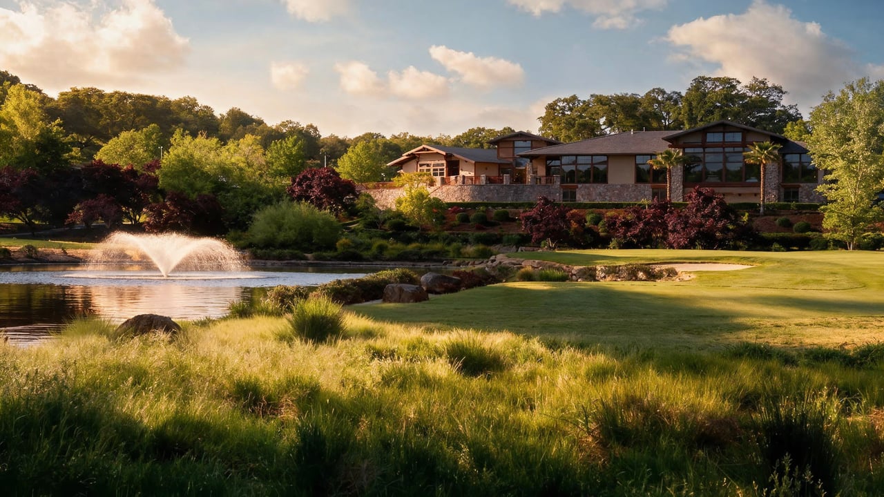 Golf club building beside a landscaped pond with a fountain and manicured lawn.