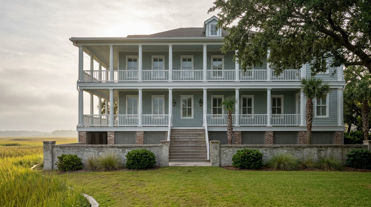 Seafoam-gray coastal home with stacked white porches, brick piers, and a tabby garden wall beside marsh grass.