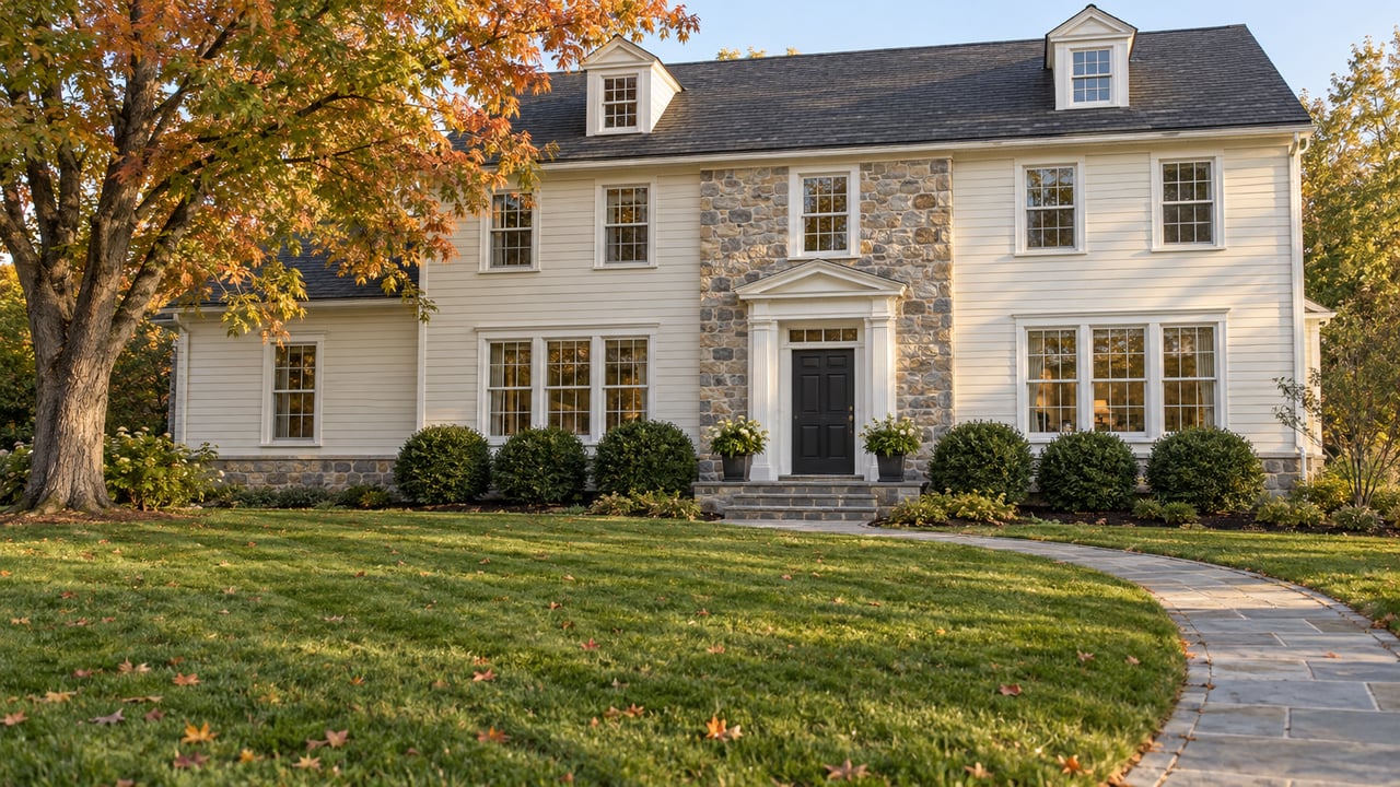 An ivory clapboard and stone house beyond a broad autumn lawn, with a curving bluestone path and a mature maple.