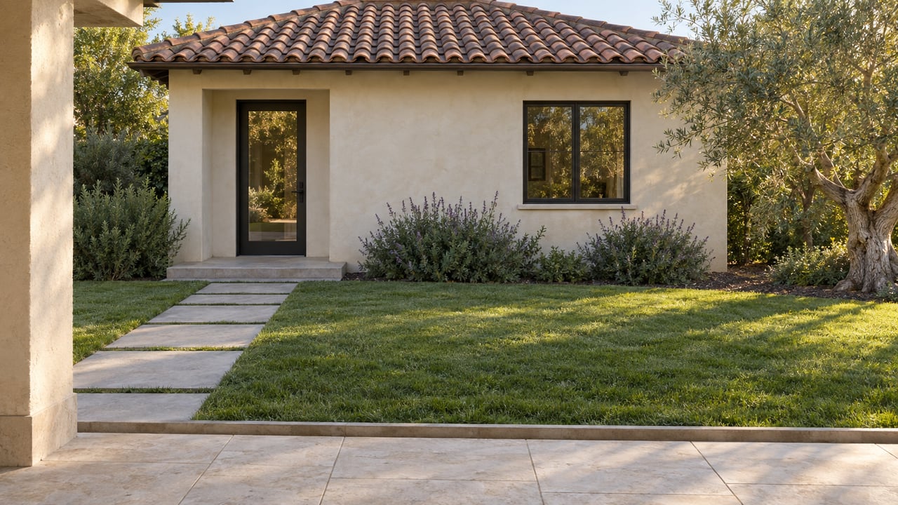 Detached stucco dwelling with a clay-tile roof beyond a lawn and concrete path, framed by an olive tree.