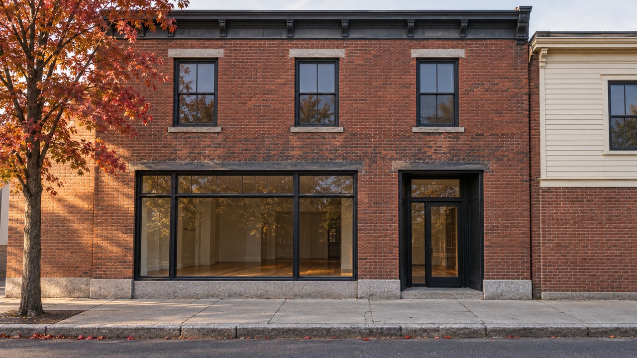 Three-story red-brick storefront with black-framed windows, a recessed entrance, and a red-leaved street tree.